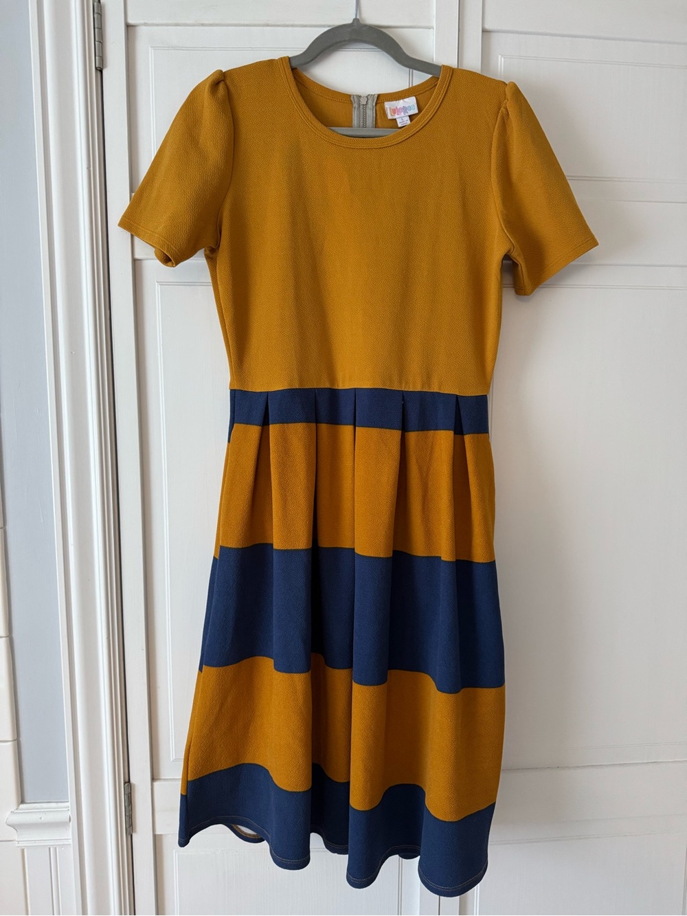LuLaRoe Mustard & Navy Stripe Amelia Dress